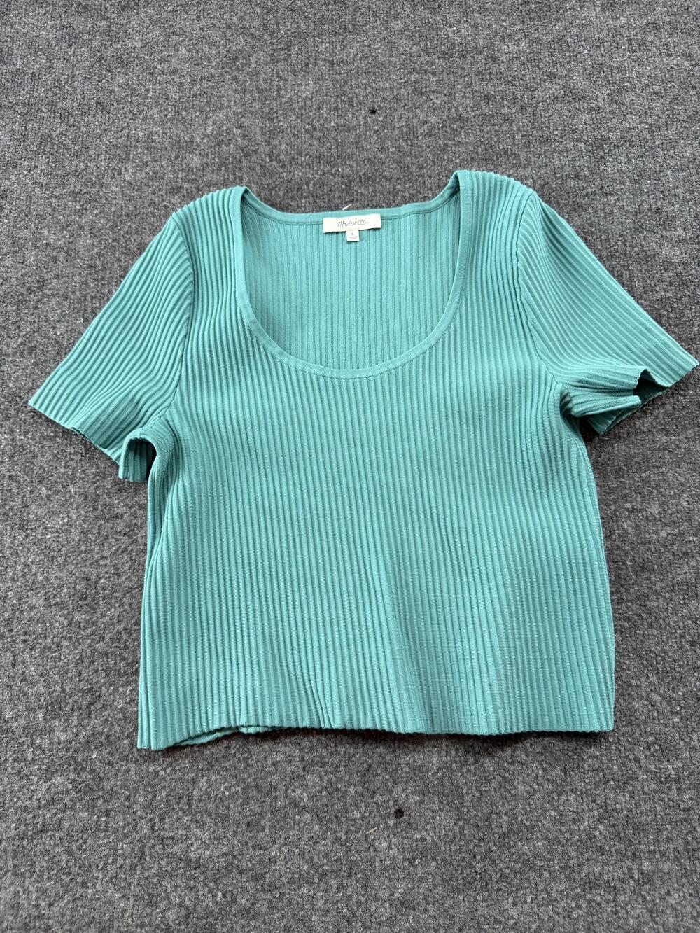 Madewell Shirt Womens Large Green Ribbed Scoop Neck Cropped Stretch Tee Top